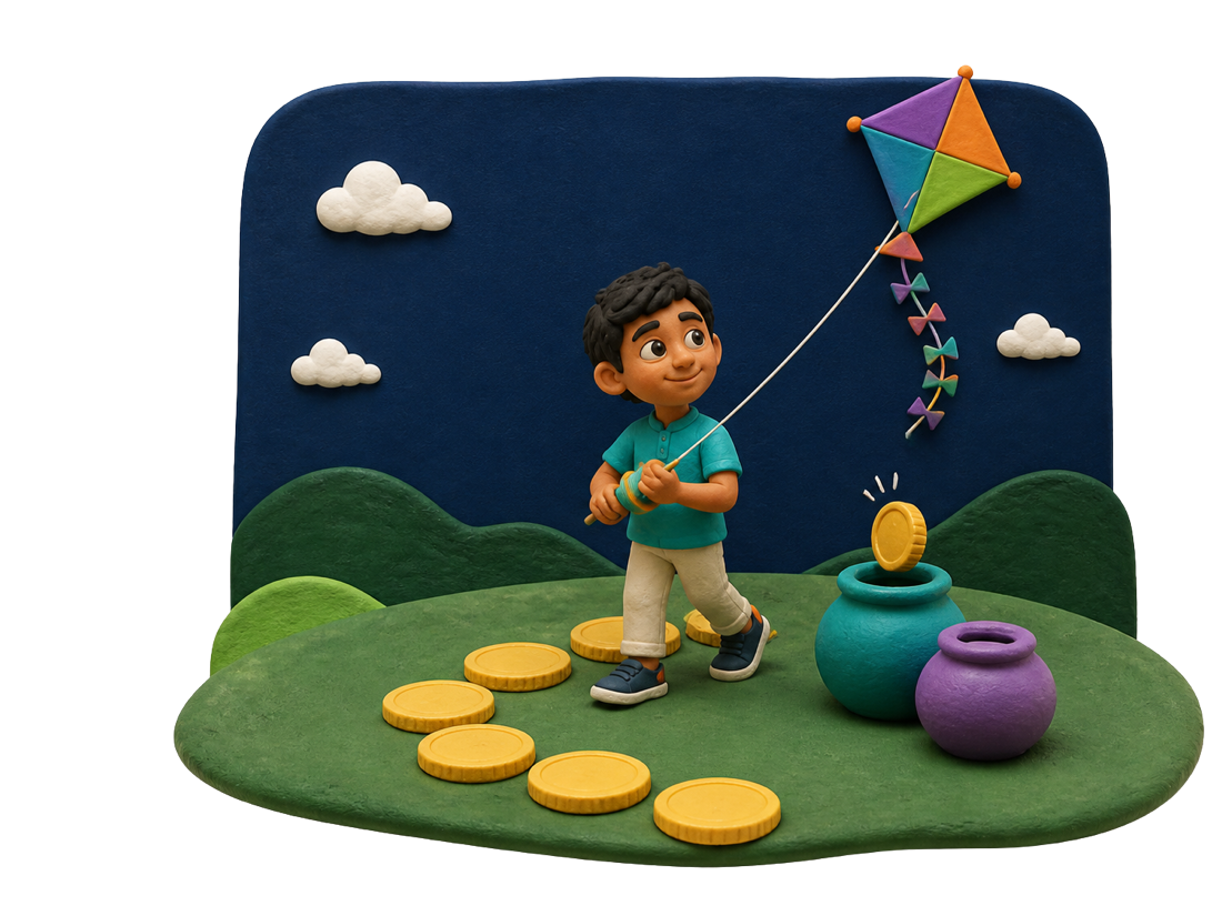 A boy flying a kite along a trail of gold coins toward his Gullak savings pots